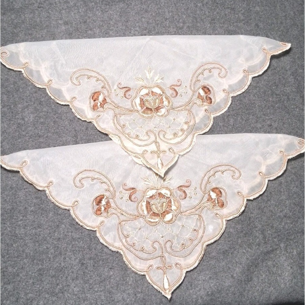 2 Wedding Sheer Organdy Handkerchief Filipiniana Floral Embroidery Scallop Edge